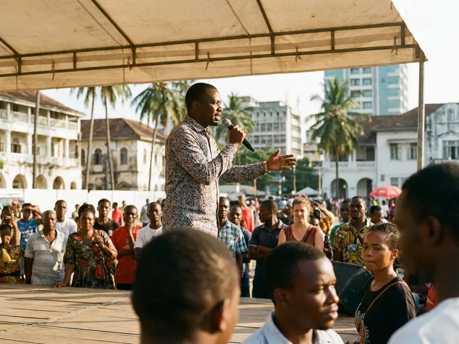 A daytime brand activation with a host and crowd