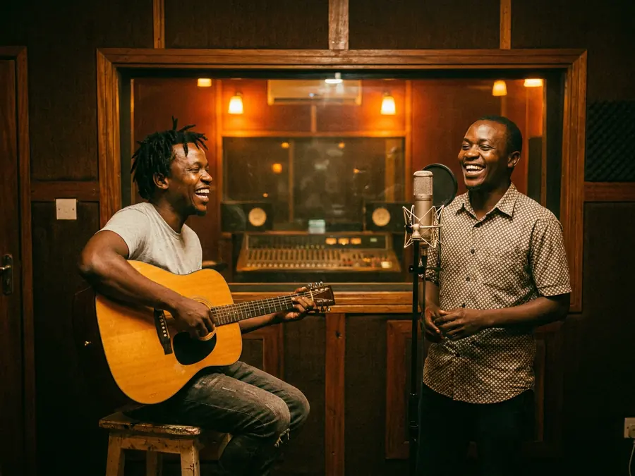 Two musicians recording together in the live room