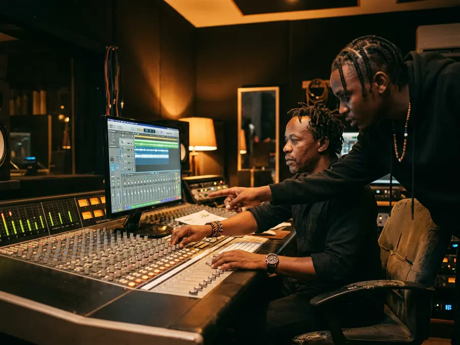 A producer and artist working a session at the console